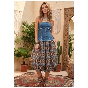 Boho Printed Bubble Midi Skirt in Brown & Blue